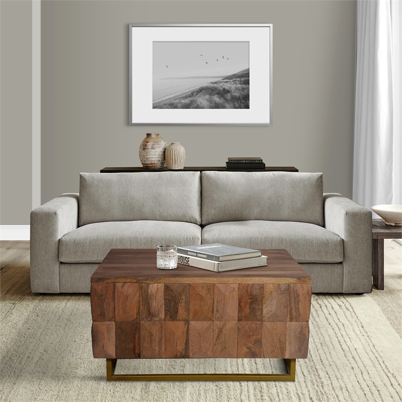 33 Inch Lift Top Storage Trunk Coffee Table- Square- Mango Wood- Natural Brown