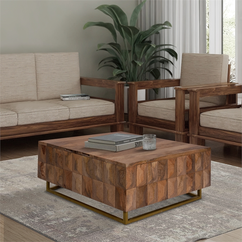33 Inch Lift Top Storage Trunk Coffee Table- Square- Mango Wood- Natural Brown