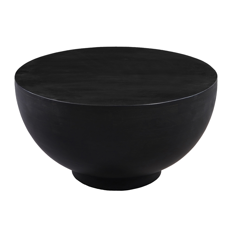 30 Inch Modern Art Coffee Table- Round Drum Shape- Solid Mango Wood- Matte Black