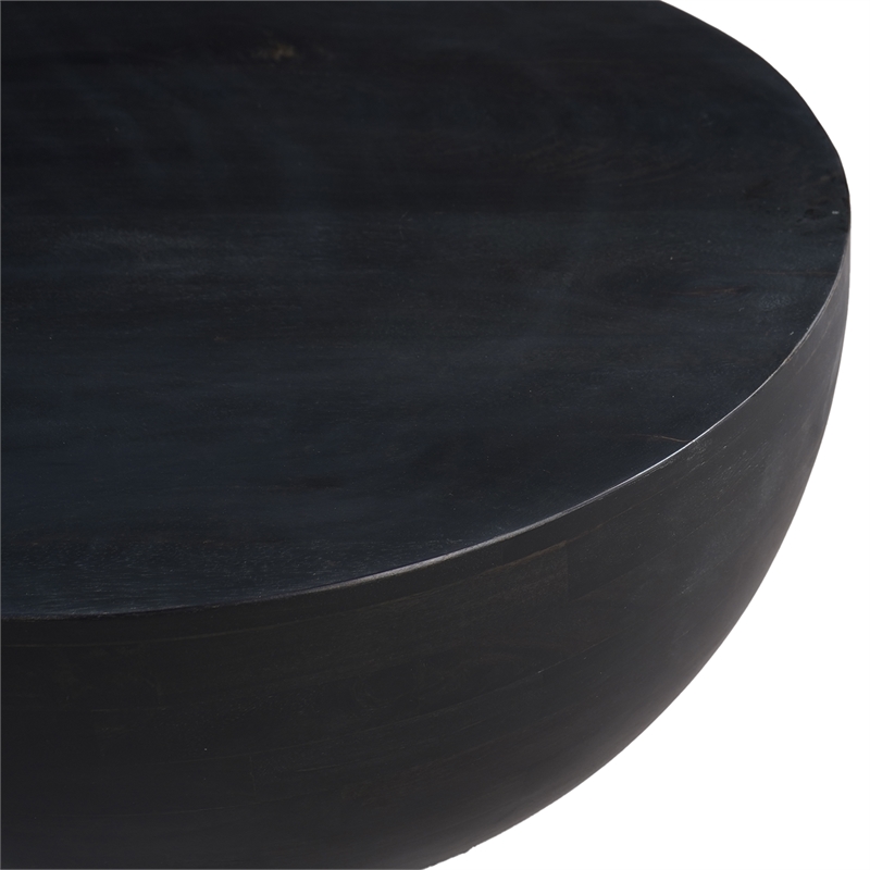 30 Inch Modern Art Coffee Table- Round Drum Shape- Solid Mango Wood- Matte Black