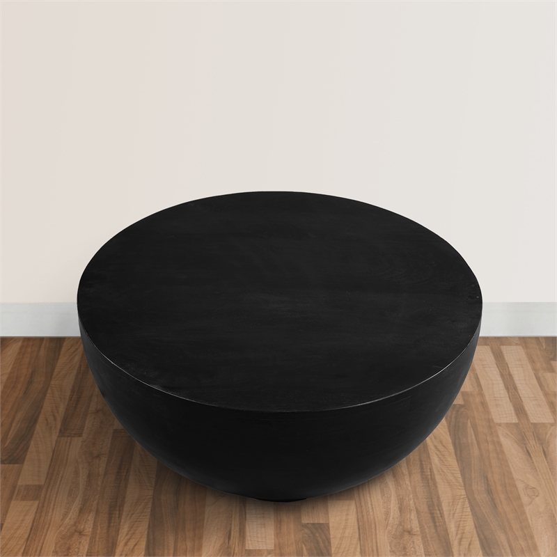 30 Inch Modern Art Coffee Table- Round Drum Shape- Solid Mango Wood- Matte Black