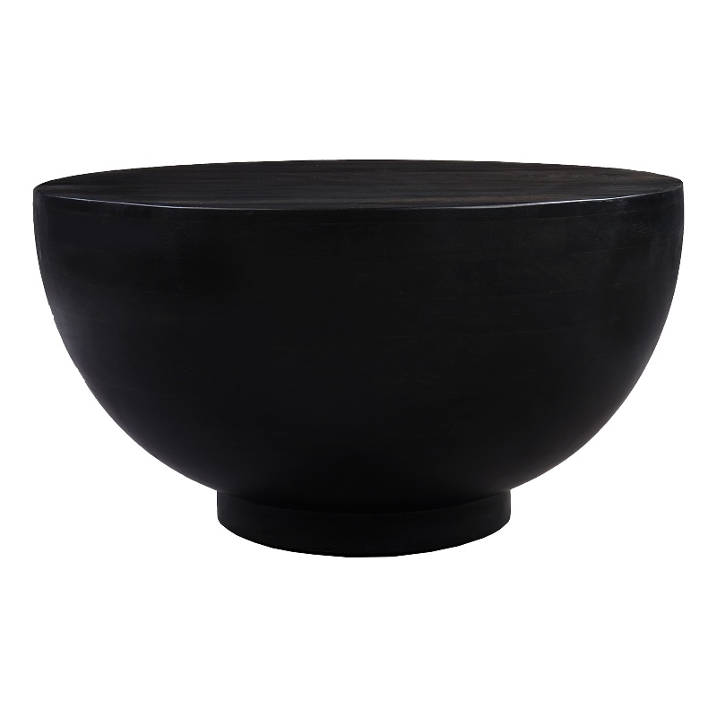 30 Inch Modern Art Coffee Table- Round Drum Shape- Solid Mango Wood- Matte Black
