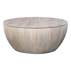 37 Inch Round Coffee Table- Handcrafted Drum Shape Storage- White Mango Wood