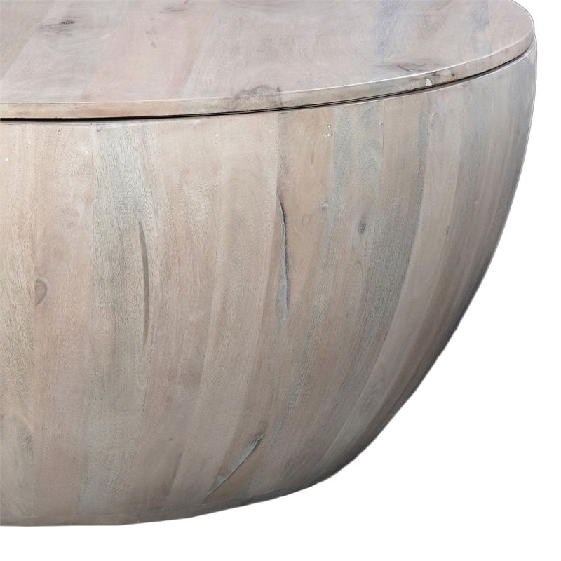 37 Inch Round Coffee Table- Handcrafted Drum Shape Storage- White Mango Wood