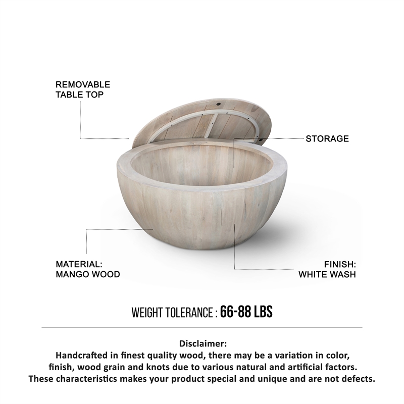 37 Inch Round Coffee Table- Handcrafted Drum Shape Storage- White Mango Wood