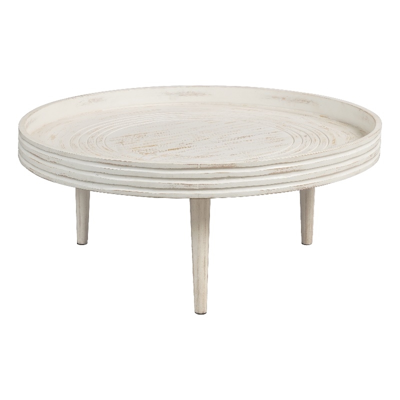 33 Inch Coffee Table-Solid Mango Wood-Handcrafted Round Grooved Raised Edge