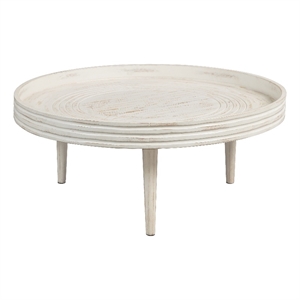 33 Inch Coffee Table-Solid Mango Wood-Handcrafted Round Grooved Raised Edge