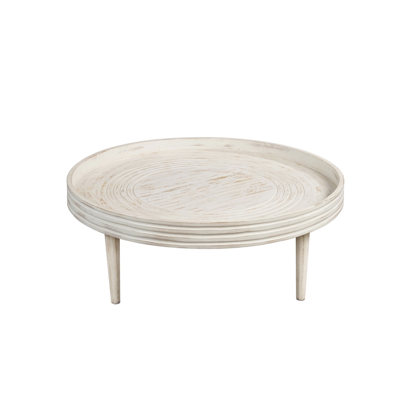 33 Inch Coffee Table-Solid Mango Wood-Handcrafted Round Grooved Raised Edge