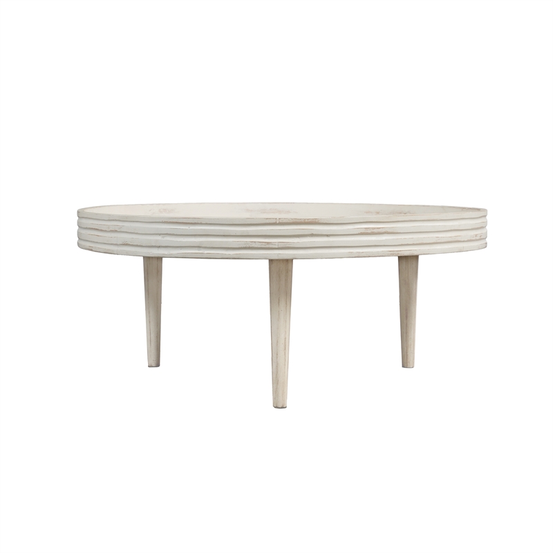 33 Inch Coffee Table-Solid Mango Wood-Handcrafted Round Grooved Raised Edge