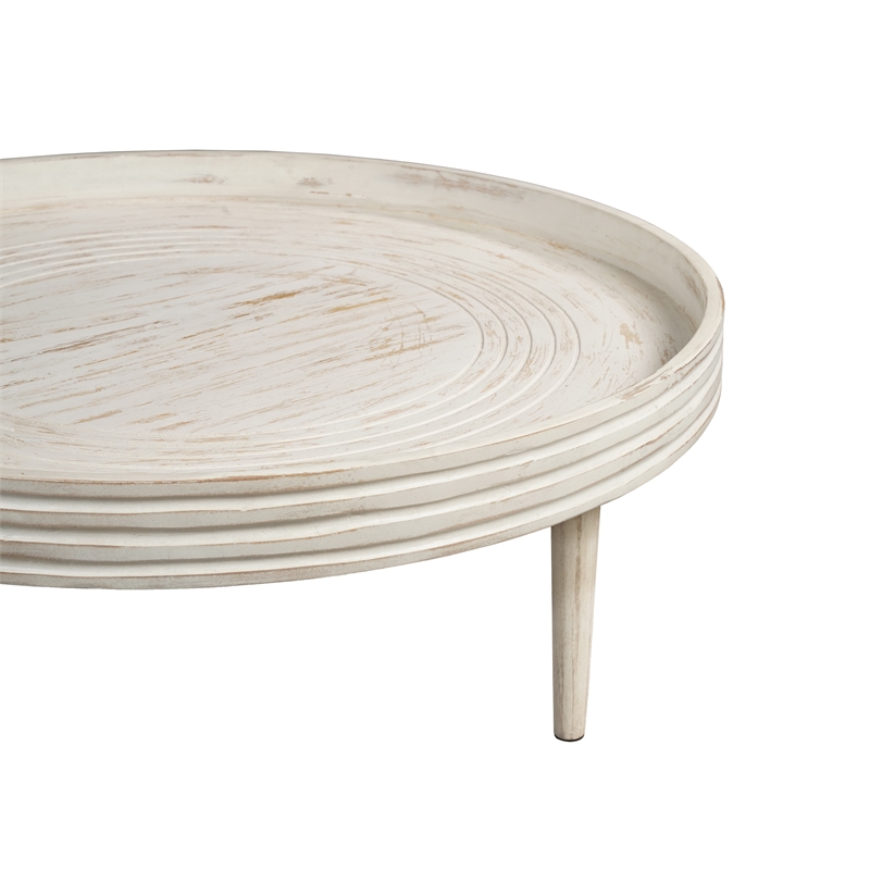 33 Inch Coffee Table-Solid Mango Wood-Handcrafted Round Grooved Raised Edge