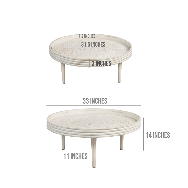 33 Inch Coffee Table-Solid Mango Wood-Handcrafted Round Grooved Raised Edge