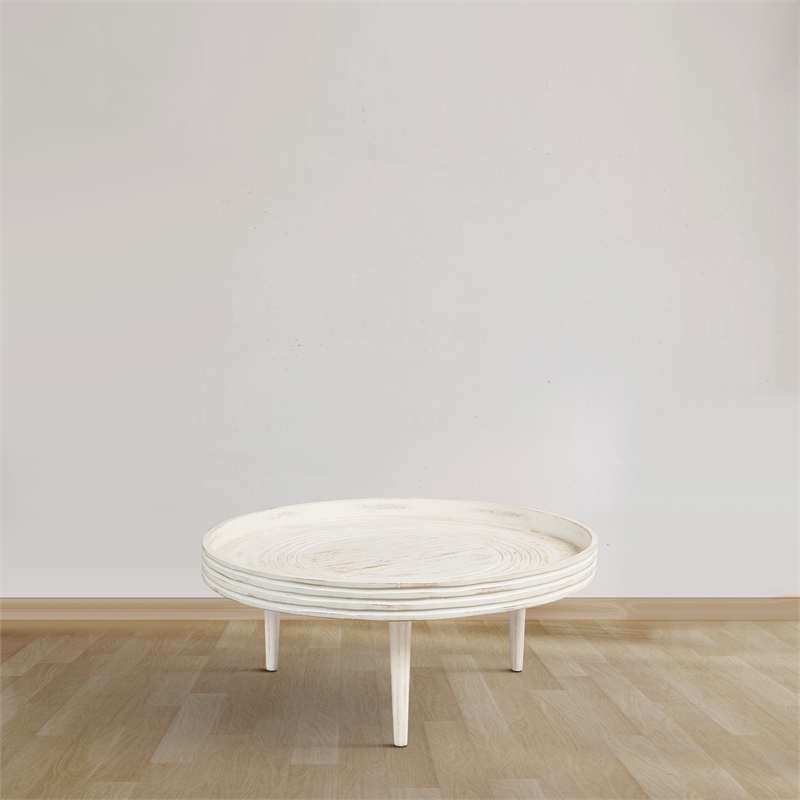 33 Inch Coffee Table-Solid Mango Wood-Handcrafted Round Grooved Raised Edge