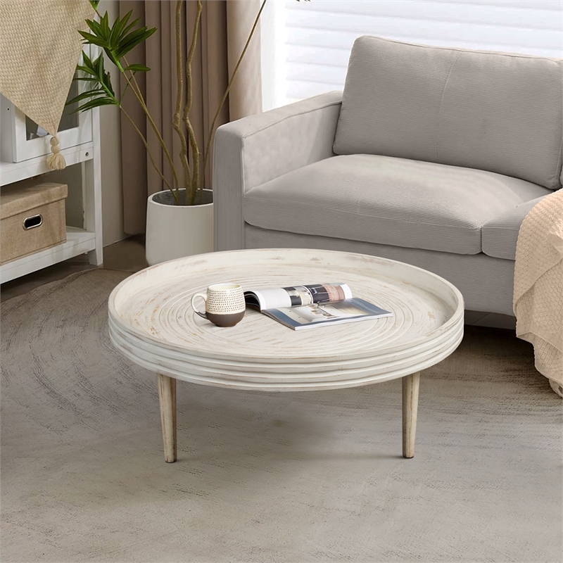 33 Inch Coffee Table-Solid Mango Wood-Handcrafted Round Grooved Raised Edge