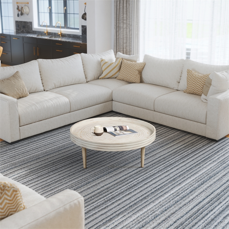33 Inch Coffee Table-Solid Mango Wood-Handcrafted Round Grooved Raised Edge