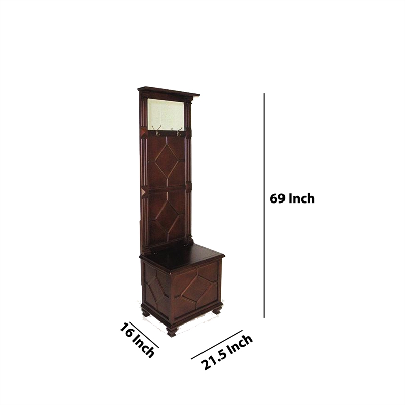 Benjara Molded Wooden Frame Hall Tree with Lift Top Box and Mirror Insert- Brown