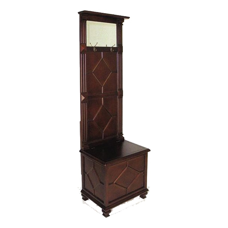 Benjara Molded Wooden Frame Hall Tree with Lift Top Box and Mirror Insert- Brown
