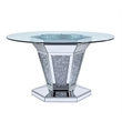 Benjara Faux Crystals & Mirror Inlaid Dining Table w/ Pedestal Base-Silver/Clear