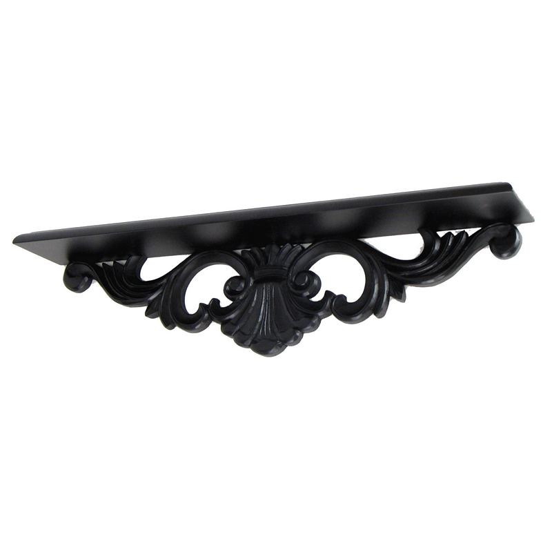 Benjara Hand Carved Wooden Wall Shelf with Floral Design Display- Black