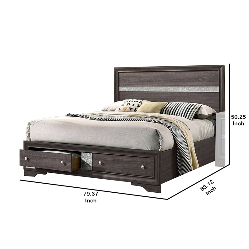 Benjara Panel Design Eastern King Bed with Silver Accents and Bracket Feet- Gray