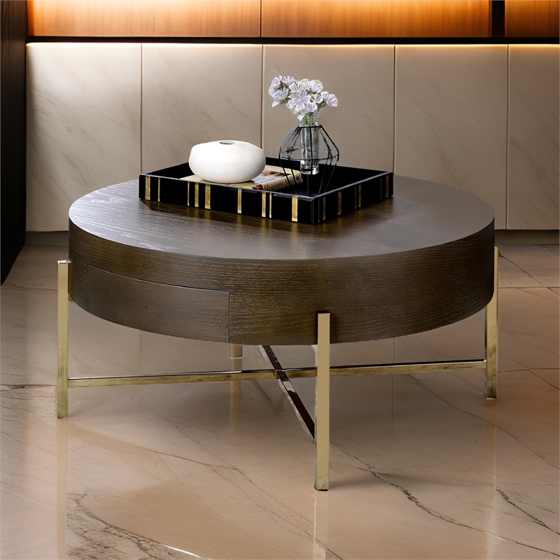 Benjara 1 Drawer Round Modern Coffee Table with Crossed Metal Legs- Brown & Gold