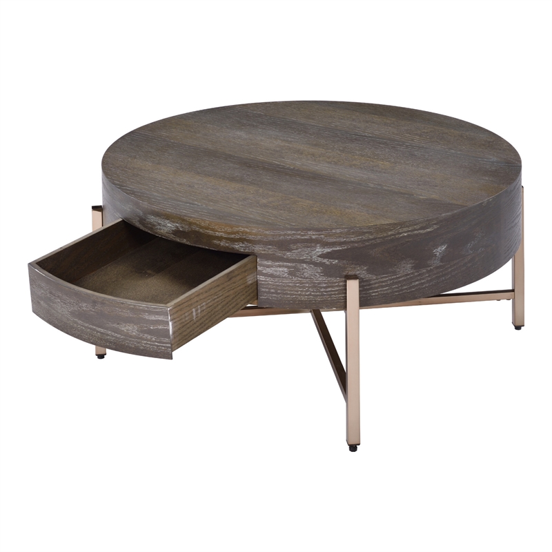 Benjara 1 Drawer Round Modern Coffee Table with Crossed Metal Legs- Brown & Gold