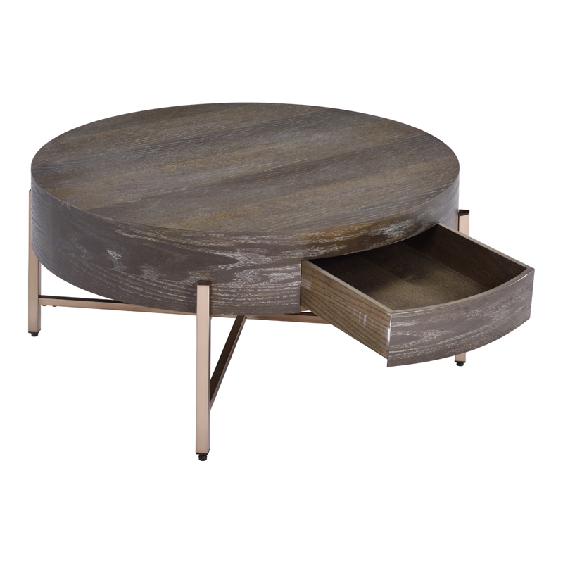 Benjara 1 Drawer Round Modern Coffee Table with Crossed Metal Legs- Brown & Gold