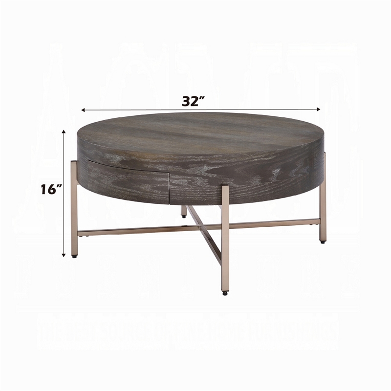 Benjara 1 Drawer Round Modern Coffee Table with Crossed Metal Legs- Brown & Gold