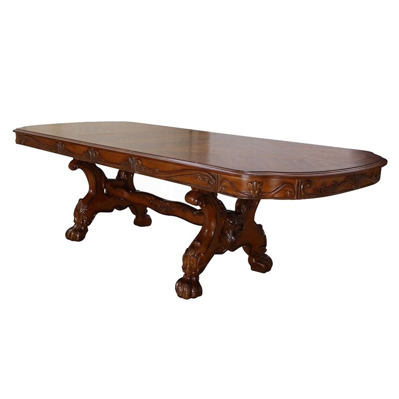 Benjara Dresden Dining Table With Two Encarved Pedestal- Cherry Oak