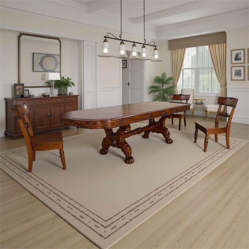 Benjara Dresden Dining Table With Two Encarved Pedestal- Cherry Oak