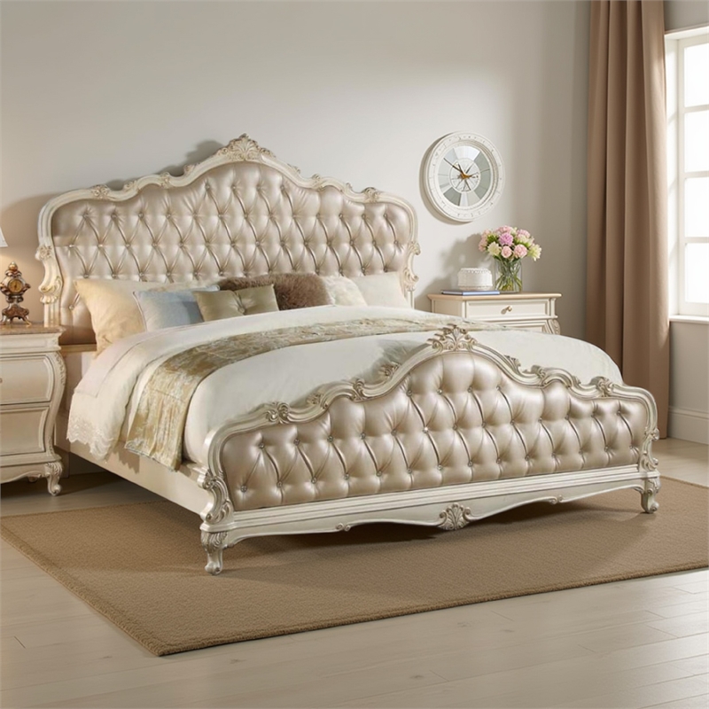 Benjara Classy Traditional Style Queen Bed- Gold And White