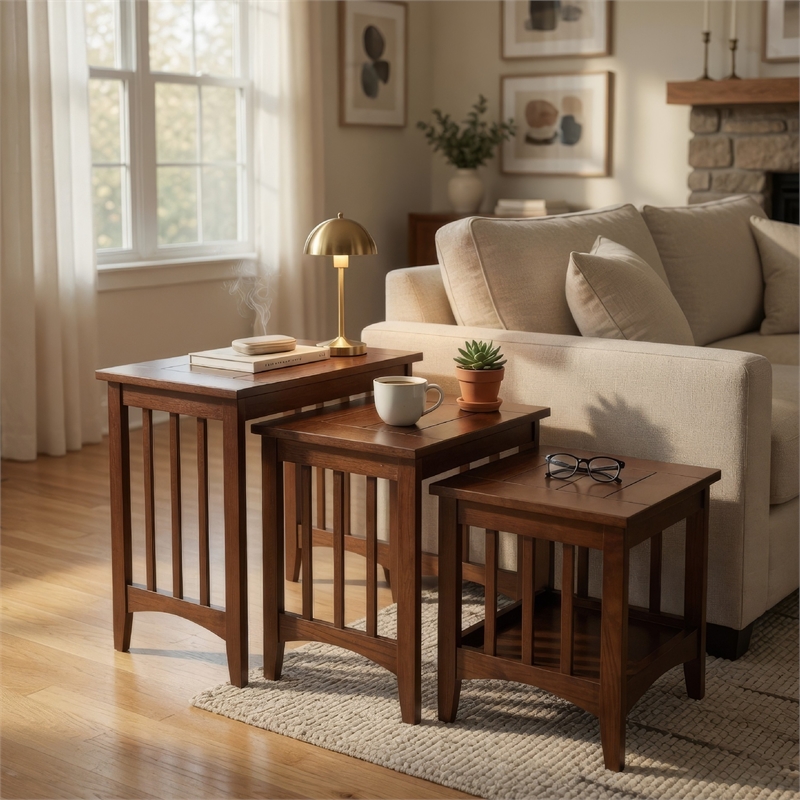 Benjara 3 Piece Nesting Table with Plank Tabletop and Slatted Sides- Oak Brown