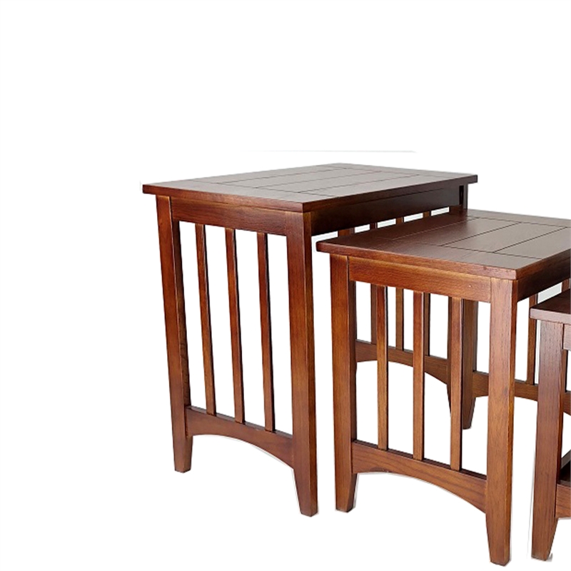 Benjara 3 Piece Nesting Table with Plank Tabletop and Slatted Sides- Oak Brown