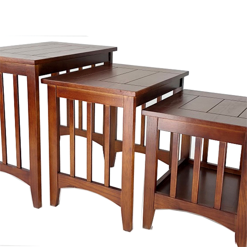 Benjara 3 Piece Nesting Table with Plank Tabletop and Slatted Sides- Oak Brown