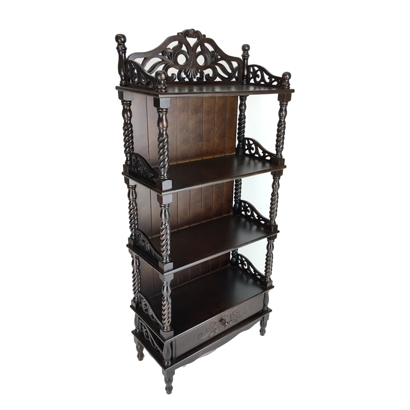 Benjara Wooden Bookcase Shelf with Carved Details and Filigree Accents- Brown