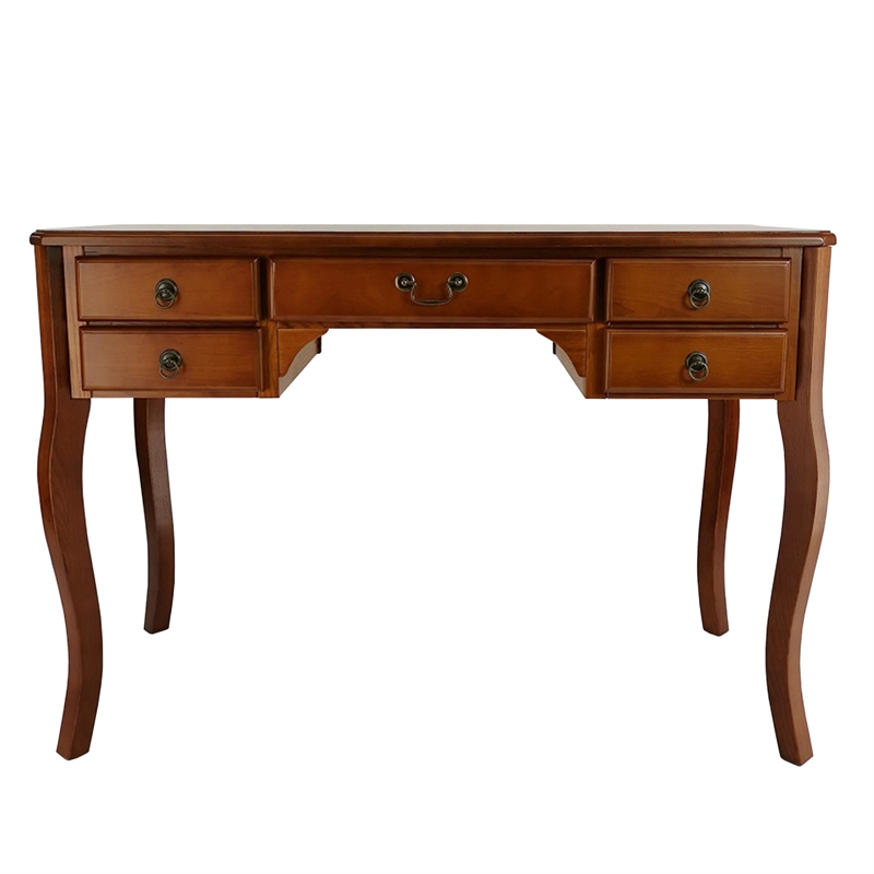 Benjara Wooden Writing Desk with Cabriole Legs and 5 Drawers- Brown