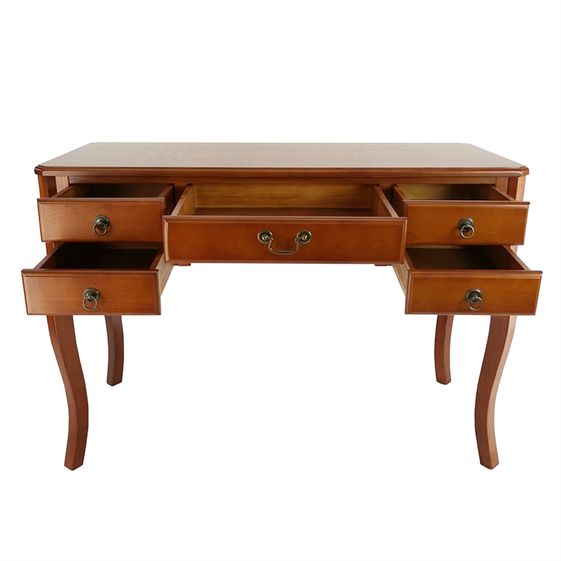 Benjara Wooden Writing Desk with Cabriole Legs and 5 Drawers- Brown