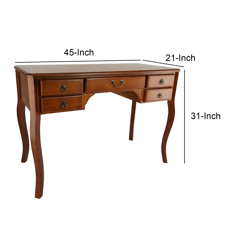Benjara Wooden Writing Desk with Cabriole Legs and 5 Drawers- Brown