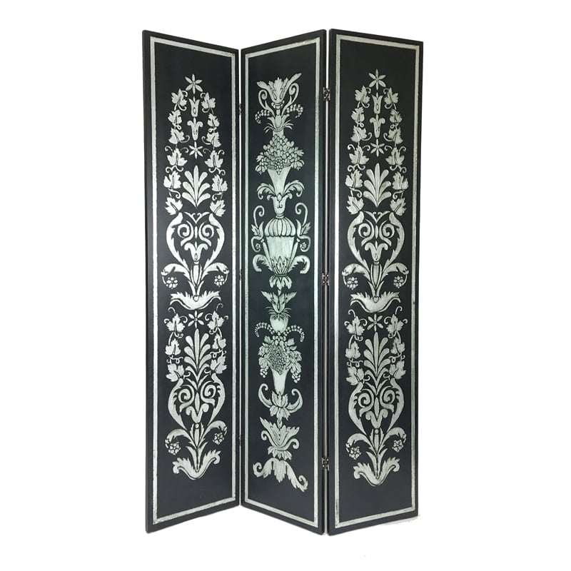Benjara Wooden Double Sided 3 Panel Room Divider with Motifs- Multicolor