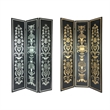 Benjara Wooden Double Sided 3 Panel Room Divider with Motifs- Multicolor