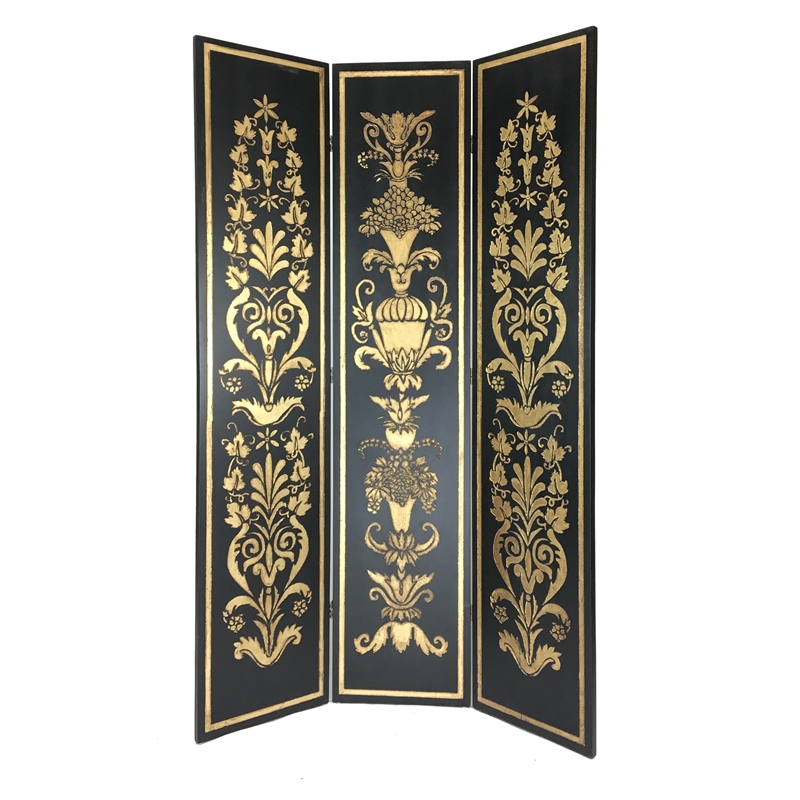 Benjara Wooden Double Sided 3 Panel Room Divider with Motifs- Multicolor