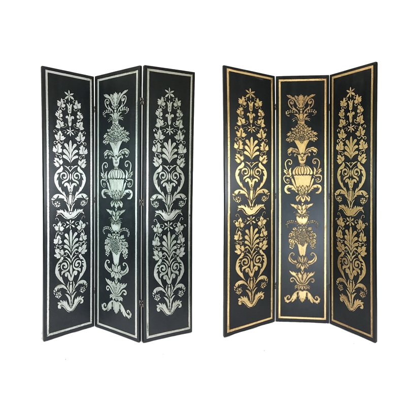 Benjara Wooden Double Sided 3 Panel Room Divider with Motifs- Multicolor