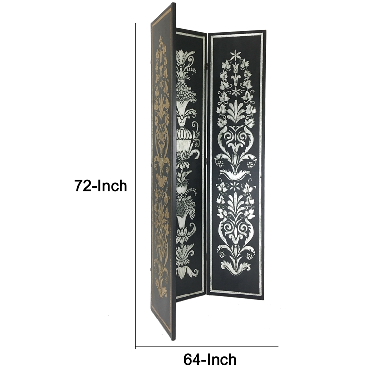 Benjara Wooden Double Sided 3 Panel Room Divider with Motifs- Multicolor