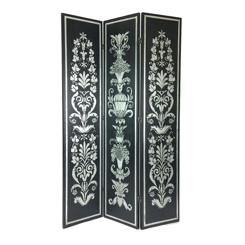 Benjara Wooden Double Sided 3 Panel Room Divider with Motifs- Multicolor