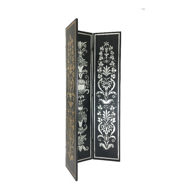 Benjara Wooden Double Sided 3 Panel Room Divider with Motifs- Multicolor
