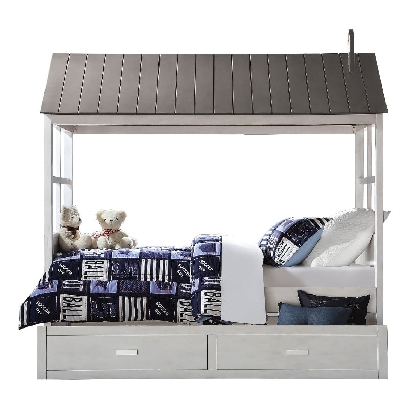 Benjara Tree House Design Wooden Twin Size Bed with Trundle- White and Gray