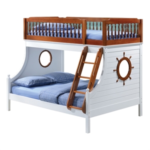 Benjara Nautical Wooden Twin/Full Bunk Bed- Oak Brown & White