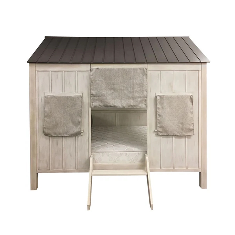 Benjara Wooden Cottage Full Bed- Weathered White & Washed Gray