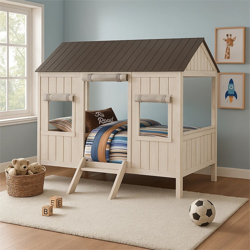Benjara Wooden Cottage Full Bed- Weathered White & Washed Gray