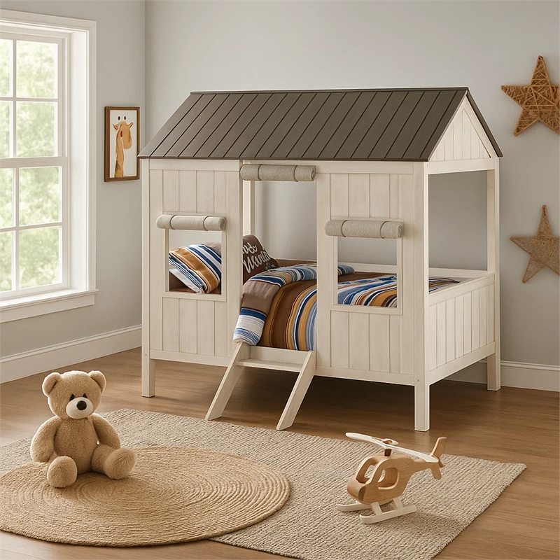 Benjara Wooden Cottage Full Bed- Weathered White & Washed Gray