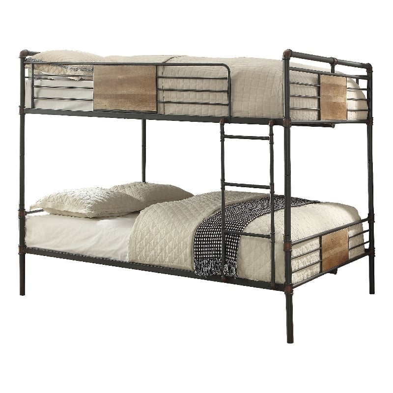 Benjara Queen Over Queen Size Metal Bunk Bed with Ladder- Black and Brown